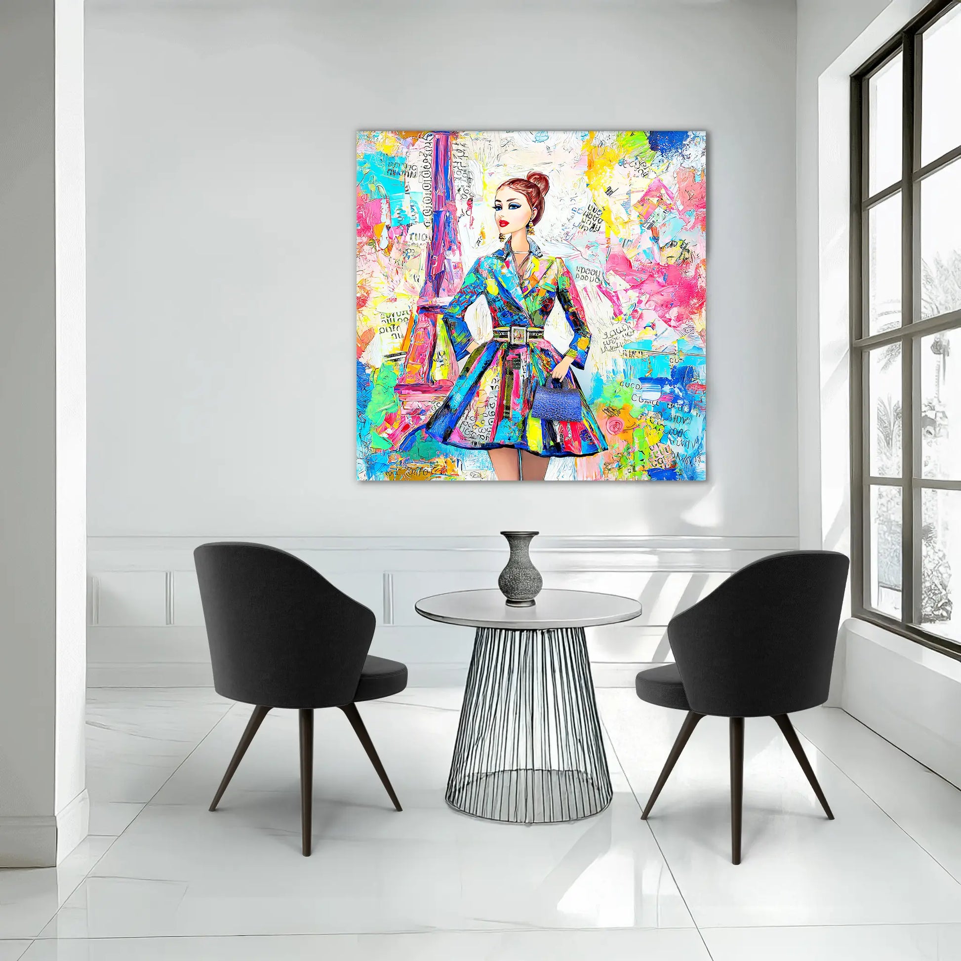 Colorful art of a doll figure wearing a trench coat against a Parisian backdrop carrying a blue handbag. Dining room mockup-monet-paris-dior, Graphique Addictions