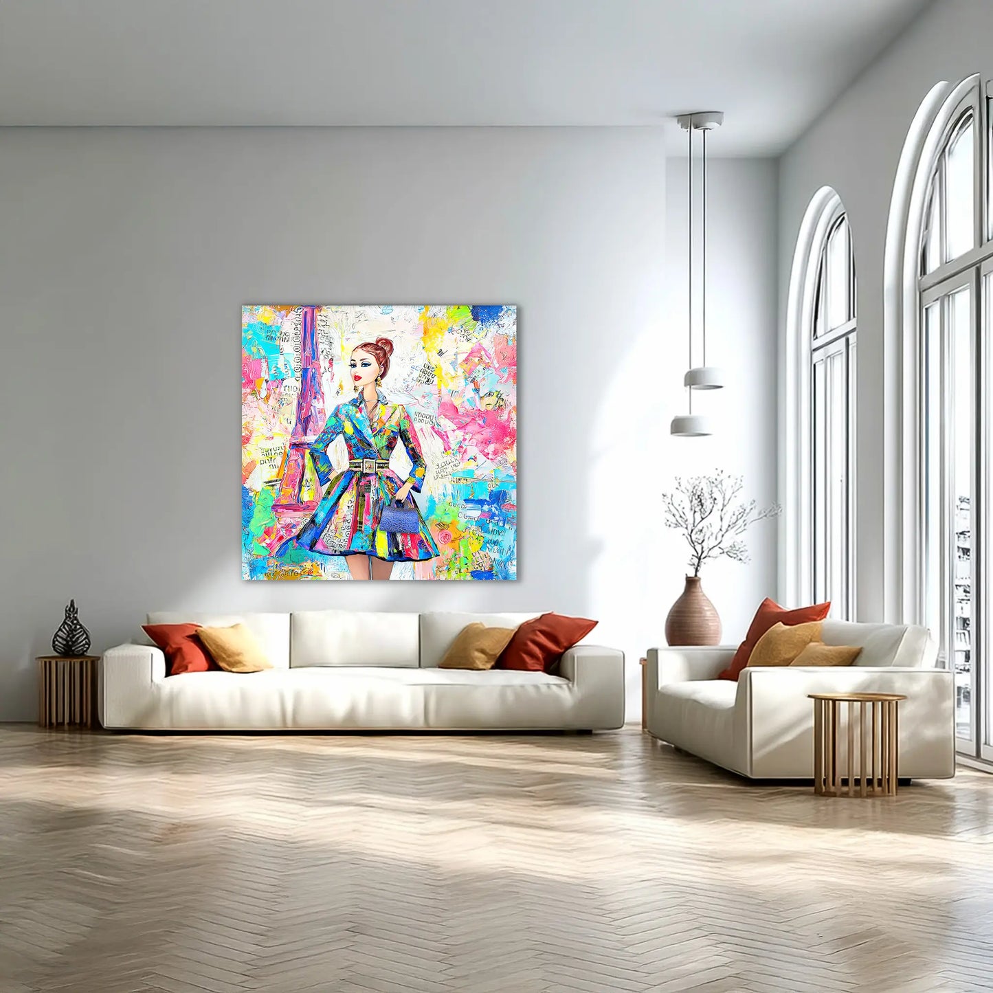 Colorful art of a doll figure wearing a trench coat against a Parisian backdrop carrying a blue handbag. Living Room mockup-monet-paris-dior, Graphique Addictions
