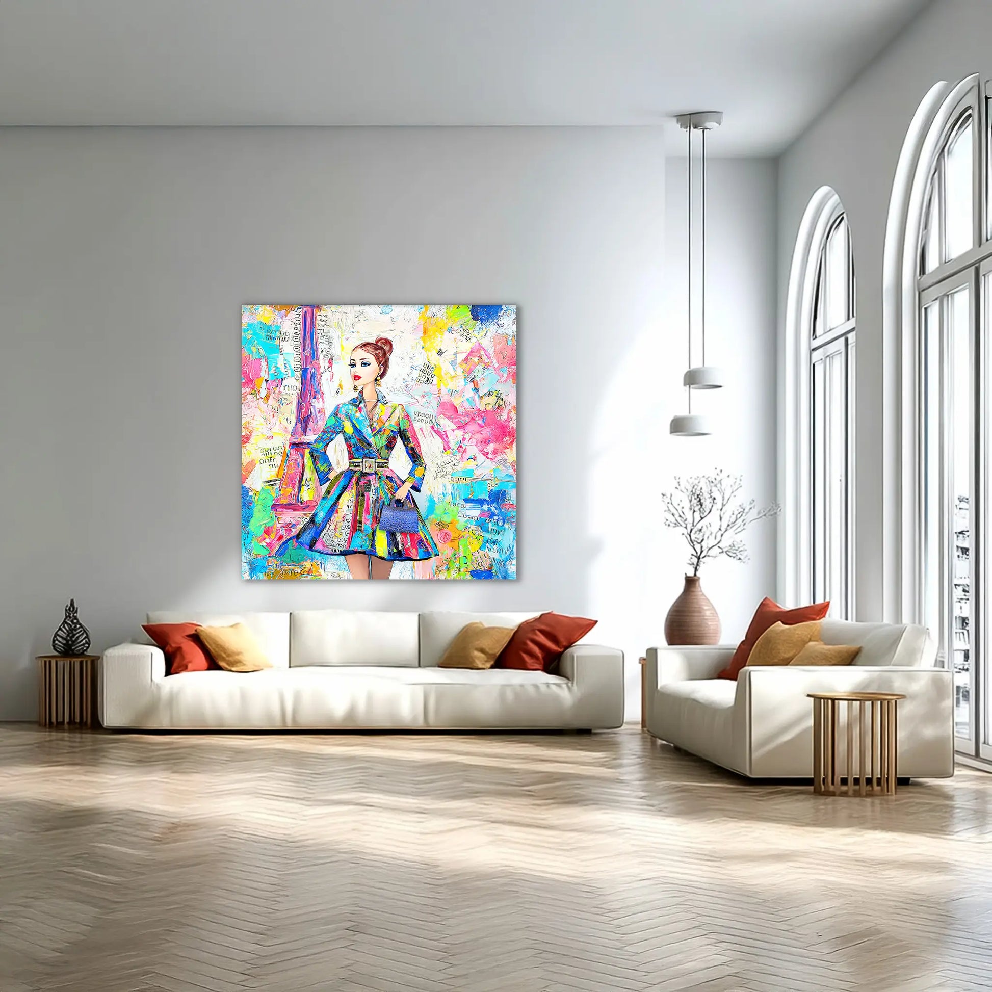 Colorful art of a doll figure wearing a trench coat against a Parisian backdrop carrying a blue handbag. Living Room mockup-monet-paris-dior, Graphique Addictions