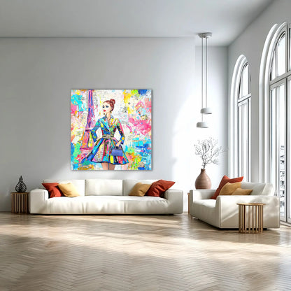 Colorful art of a doll figure wearing a trench coat against a Parisian backdrop carrying a blue handbag. Living Room mockup-monet-paris-dior, Graphique Addictions