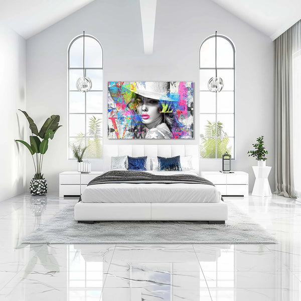 Bedroom wall decor of a beautiful woman in a stylish white hat, against a backdrop of colorful graffiti and street-art style paint splashes and Louis Vuitton-inspired logos. Monogram Vogue Elegance-Graphique Addictions.