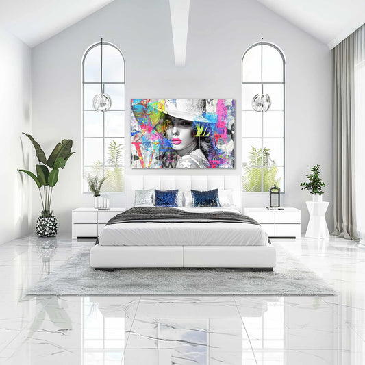 Bedroom wall decor of a beautiful woman in a stylish white hat, against a backdrop of colorful graffiti and street-art style paint splashes and Louis Vuitton-inspired logos. Monogram Vogue Elegance-Graphique Addictions.
