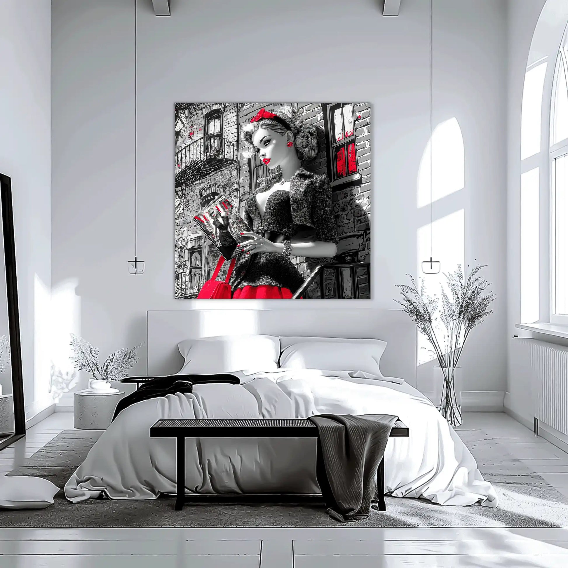 Black and white art of a fashion doll wearing a red skirt and black blazer, on a NYC street corner holding a magazine-NYC-Noir-Doll-Bedroom-mockup, Graphique Addictions
