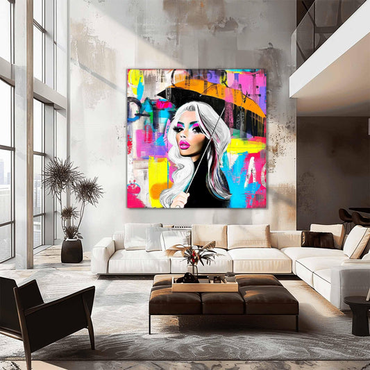 Living room wall decor of Silver-haired woman holding an orange umbrella against a backdrop of multi-colored dripping graffiti textures. Neon Umbrella Diva-Graphique Addictions.