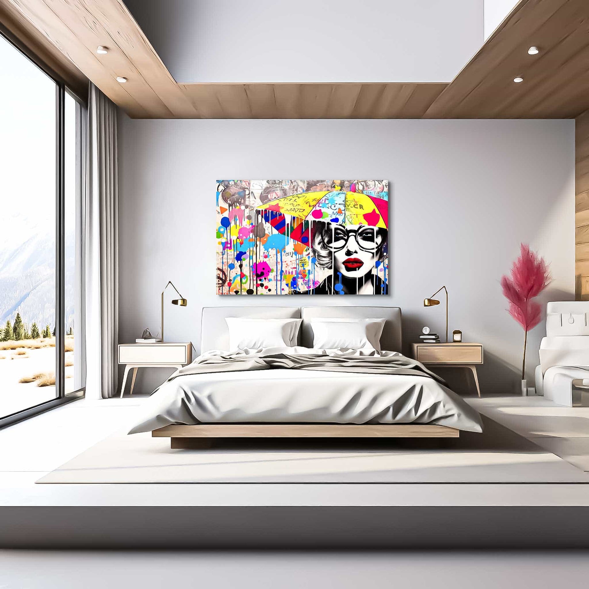 Bedroom wall decor of a woman holding an umbrella, wearing black glasses and surrounded by colorful paint splatters and graffiti symbols. Painted Rain Pop-Graphique Addictions.