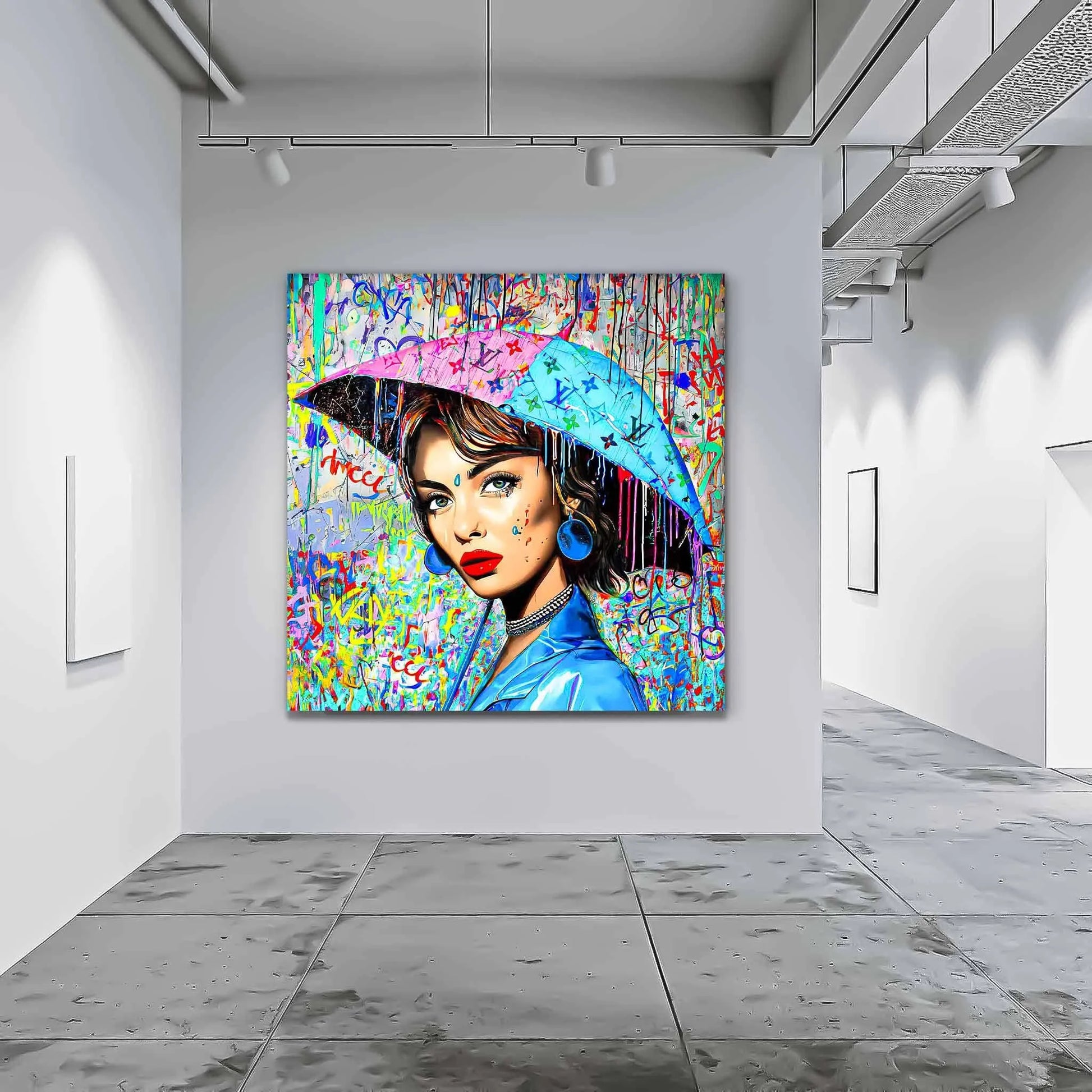 Hallway wall decor of Audrey Hepburn holding an umbrella decorated with graffiti and Louis Vuitton-inspired monogram and a backdrop with patterns of graffiti and dripping paint. Painted Rainfall-Graphique Addictions.
