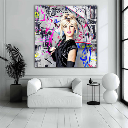 Brigitte Bardot holding an umbrella in a black dress and gloves, against a graffiti-cityscape with neon colors, living room wall decor. Parisian Pop-Graphique Addictions.