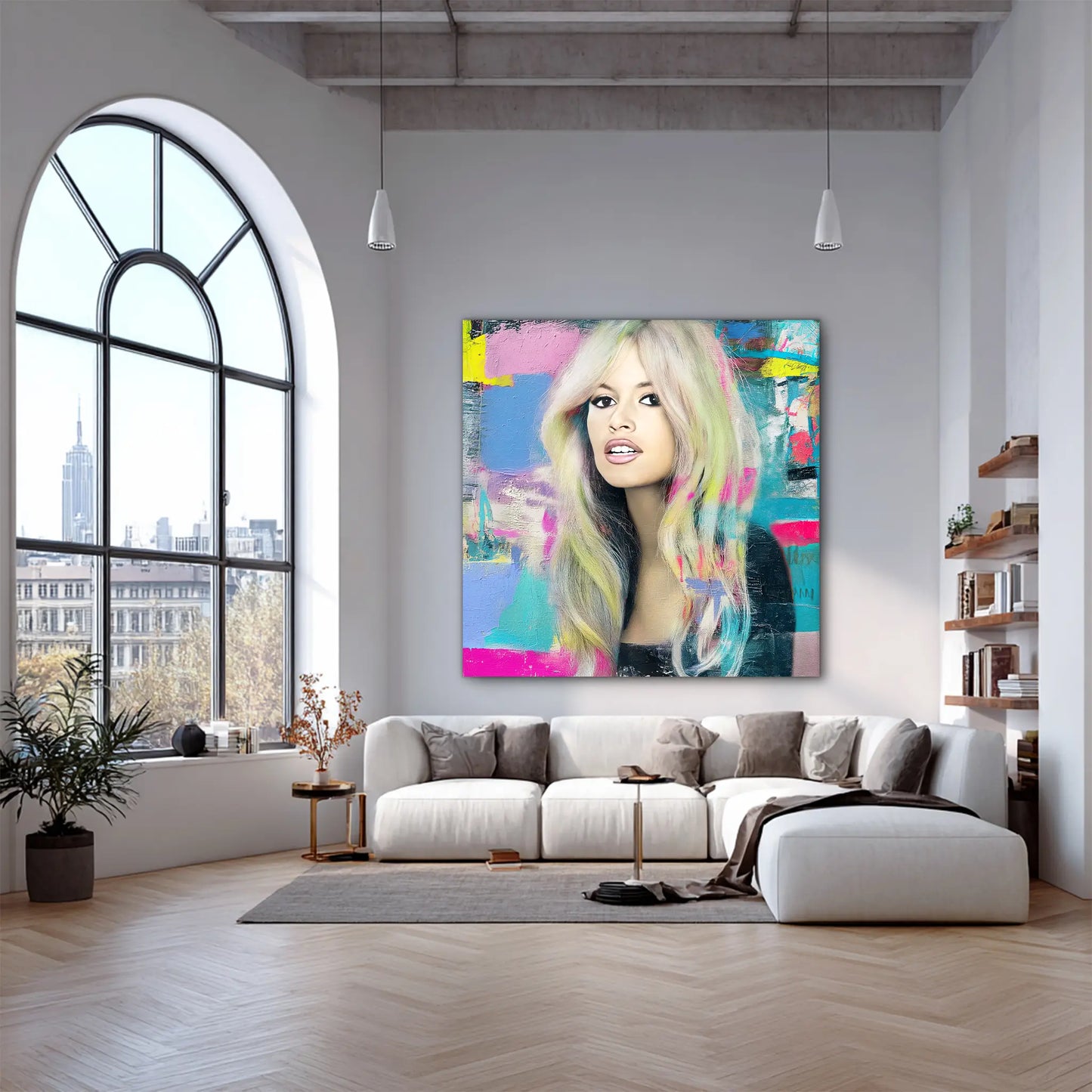 living room wall mockup oil painting of Brigitte Bardot with pastel-colored hair with bright colors and brush strokes. Pastel-Bardot-living room wall mockup.