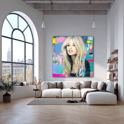 living room wall mockup oil painting of Brigitte Bardot with pastel-colored hair with bright colors and brush strokes. Pastel-Bardot-living room wall mockup.