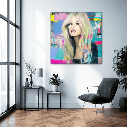 loft wall mockup oil painting of Brigitte Bardot with pastel-colored hair with bright colors and brush strokes. Pastel-Bardot-living room wall mockup.