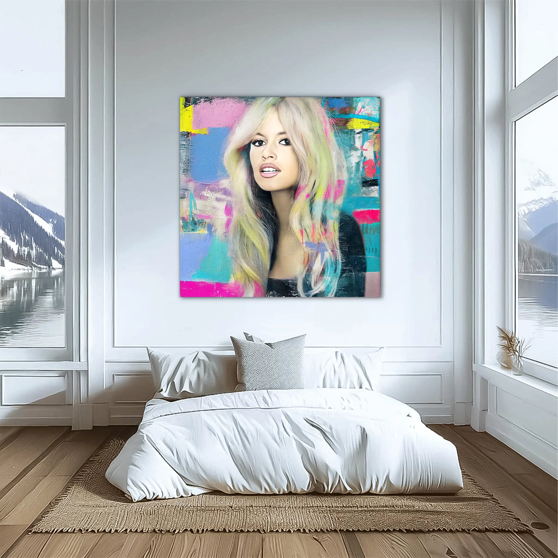 bedroom wall mockup oil painting of Brigitte Bardot with pastel-colored hair with bright colors and brush strokes. Pastel-Bardot-living room wall mockup.