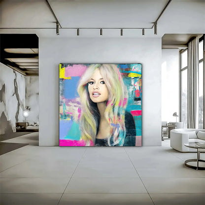 living room wall decor of an oil painting of Brigitte Bardot with pastel-colored hair with bright colors and brush strokes. Pastel-Bardot-living room wall mockup.
