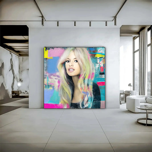 living room wall decor of an oil painting of Brigitte Bardot with pastel-colored hair with bright colors and brush strokes. Pastel-Bardot-living room wall mockup.