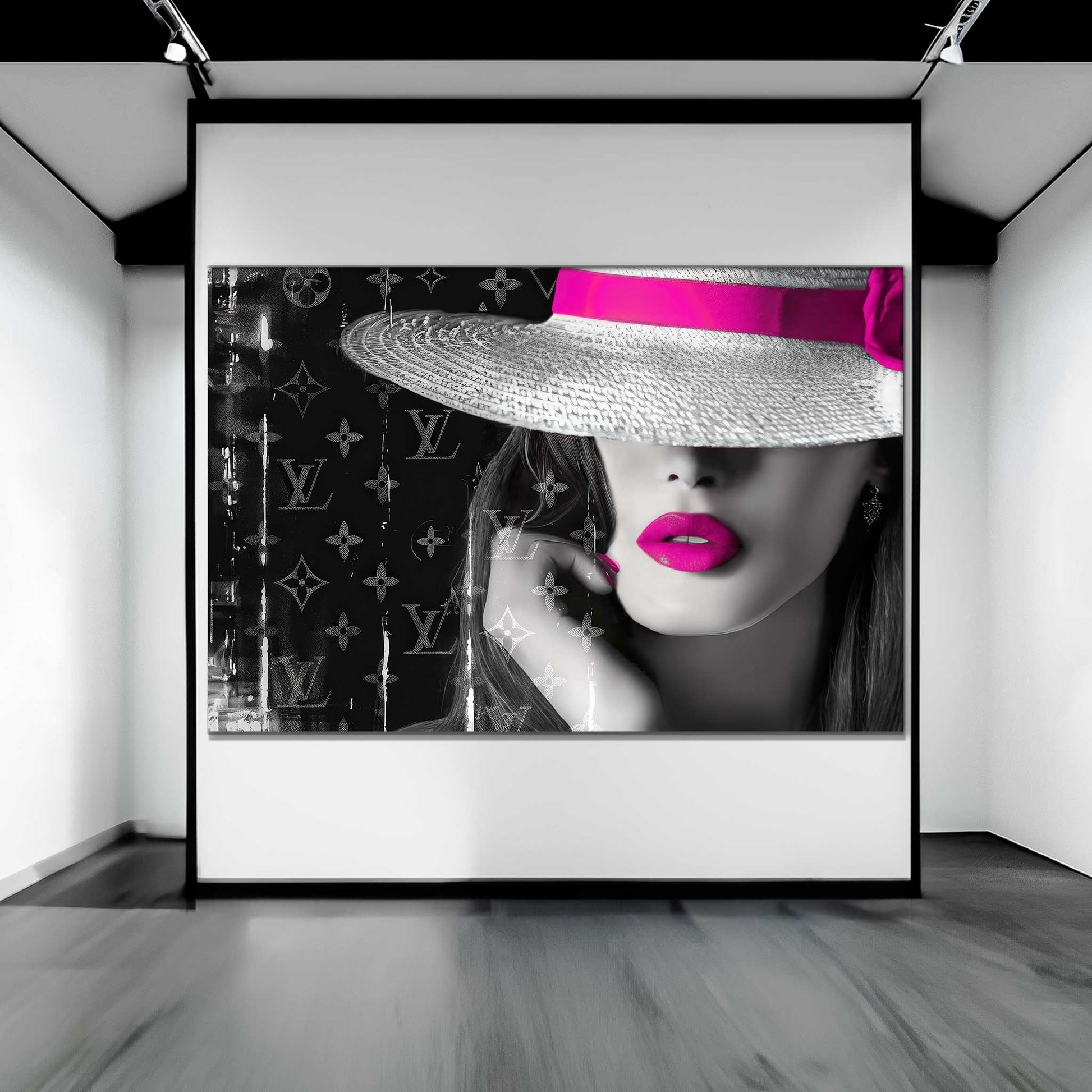 Art gallery display of a close-up of a woman wearing a white hat with pink bow against Louis Vuitton inspired monogram background. Pink Lipped Chic in Monogram-Graphique Addictions.