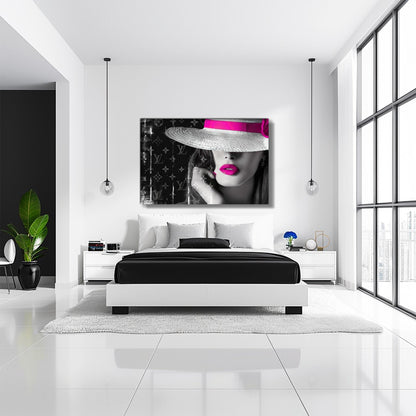 Bedroom wall decor of a close-up of a woman wearing a white hat with pink bow against Louis Vuitton inspired monogram background. Pink Lipped Chic in Monogram-Graphique Addictions.