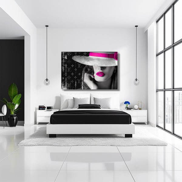 Bedroom wall decor of a close-up of a woman wearing a white hat with pink bow against Louis Vuitton inspired monogram background. Pink Lipped Chic in Monogram-Graphique Addictions.