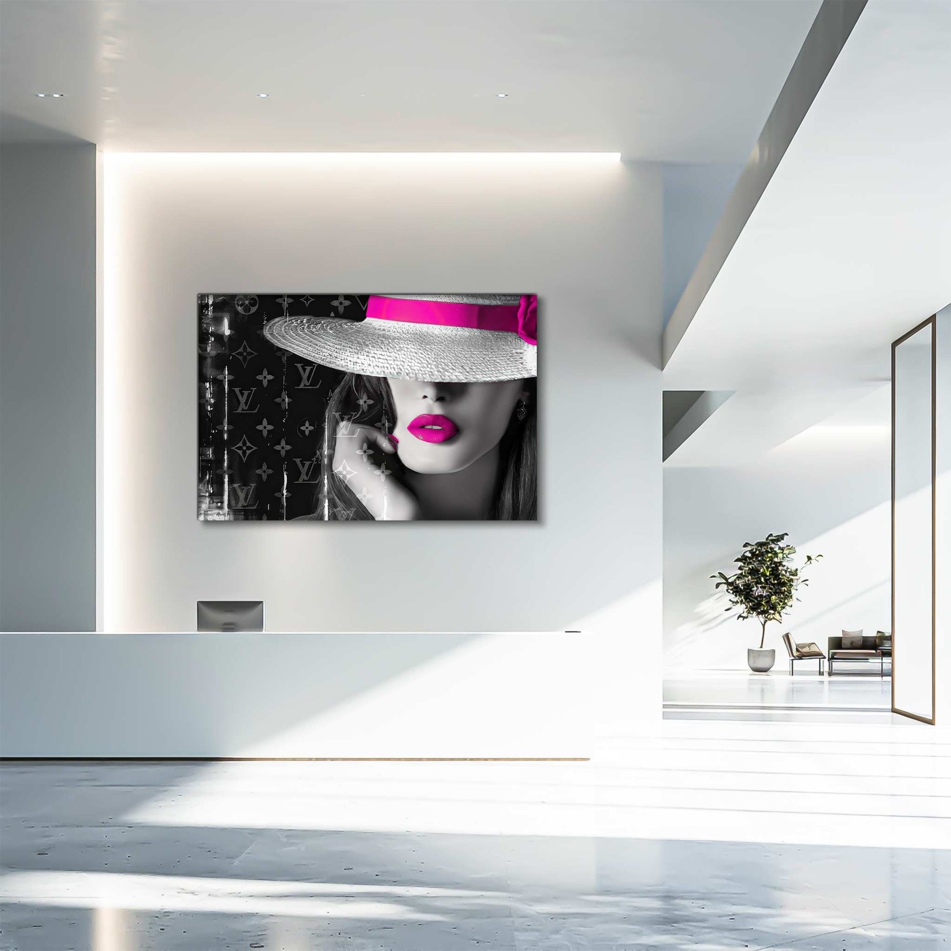 Hotel Lobby wall decor of a close-up of a woman wearing a white hat with pink bow against Louis Vuitton inspired monogram background. Pink Lipped Chic in Monogram-Graphique Addictions.