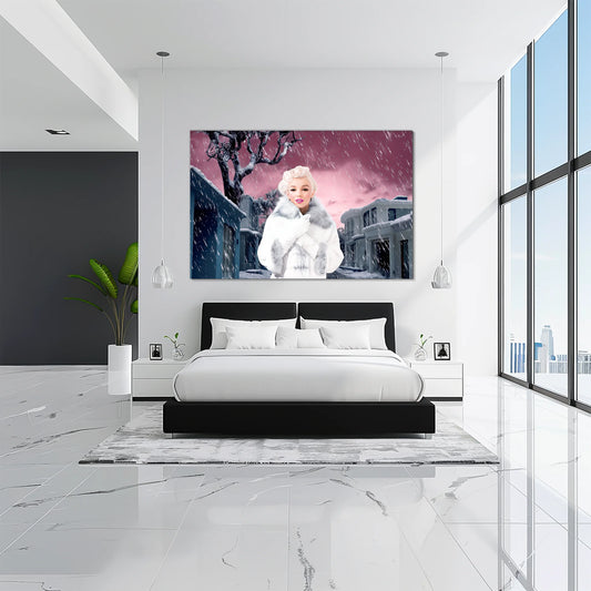 bedroom wall decor of marilyn monroe wearing a white fur coat and gloves, standing under a snowy sky with a pink hue, surrounded by gray houses. 