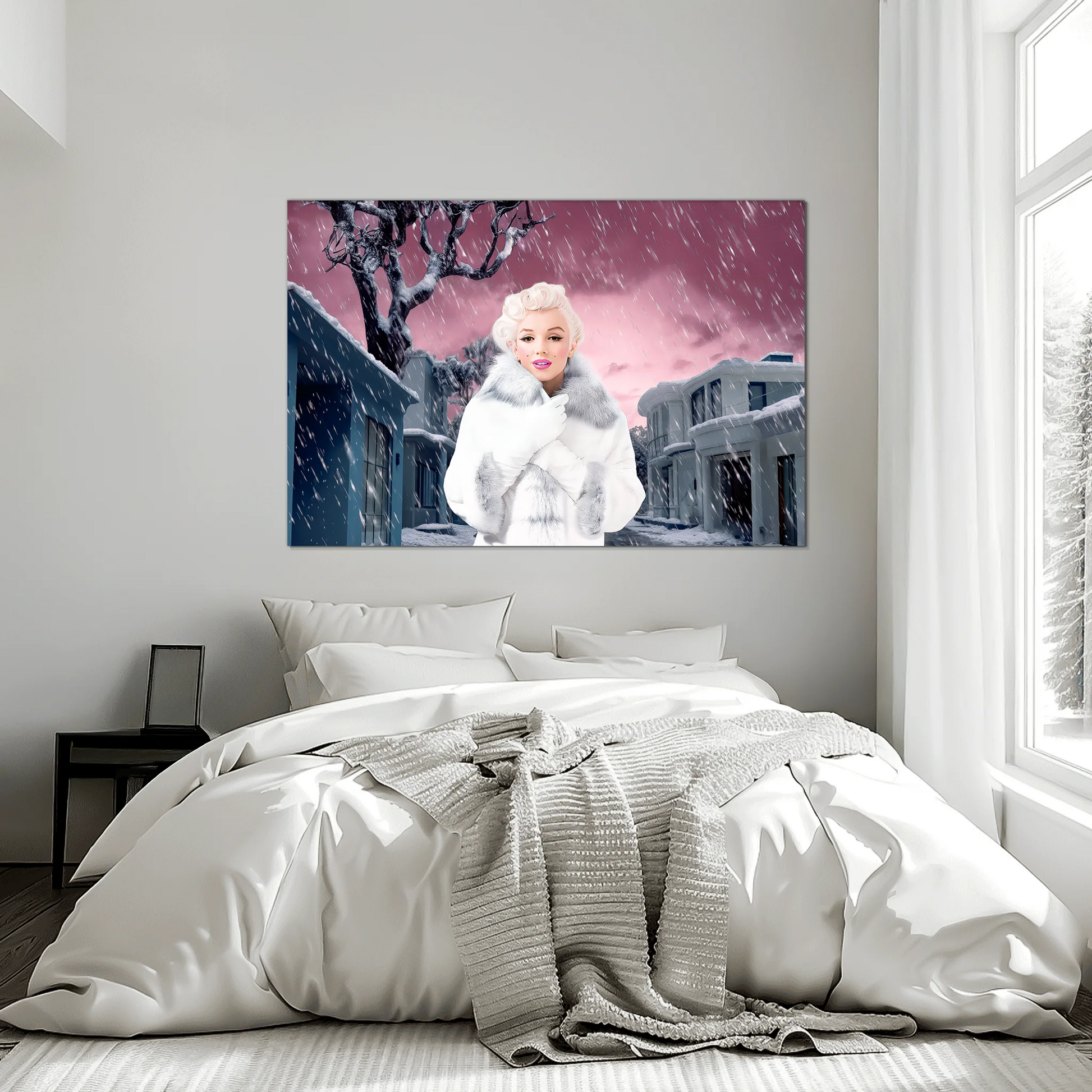 bedroom wall art mockup of marilyn monroe wearing a white fur coat and gloves, standing under a snowy sky with a pink hue, surrounded by gray houses. 