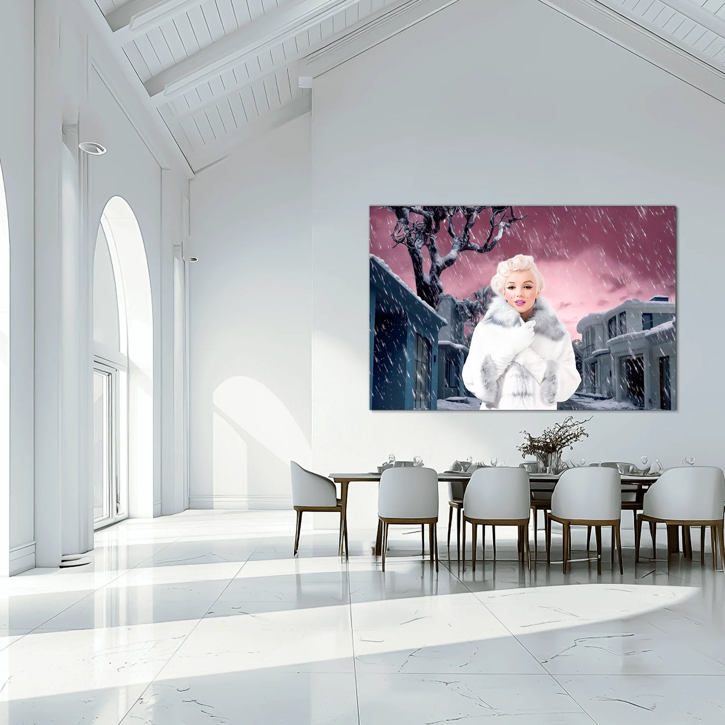 dining room wall decor of marilyn monroe wearing a white fur coat and gloves, standing under a snowy sky with a pink hue, surrounded by gray houses. 