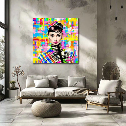 Modern Living Room Mockup Featuring Audrey Hepburn Pop Art Print on Multicolored Plaid Background.