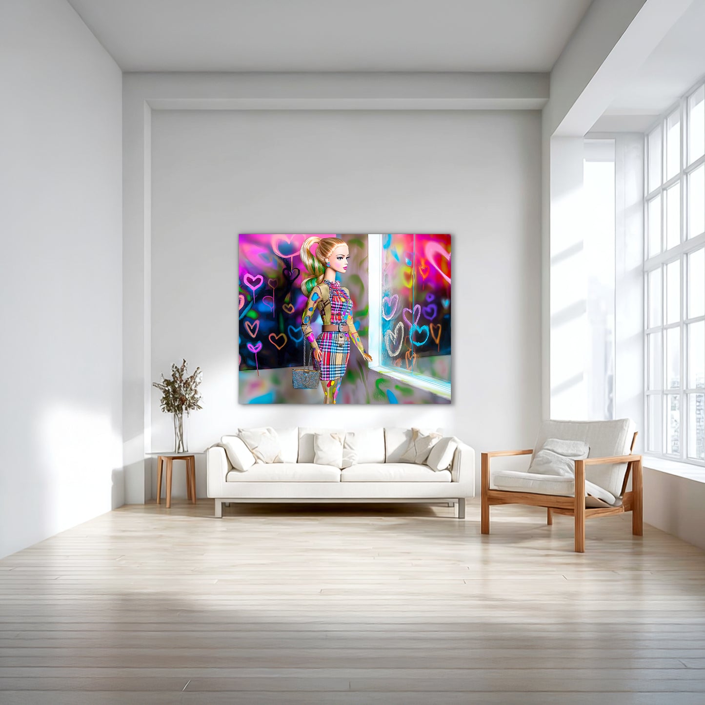 Living room wall art mockup of Barbie doll in a plaid outfit with a designer handbag, standing beside heart-covered graffiti window. Plaid Heart Doll-Graphique Addictions.