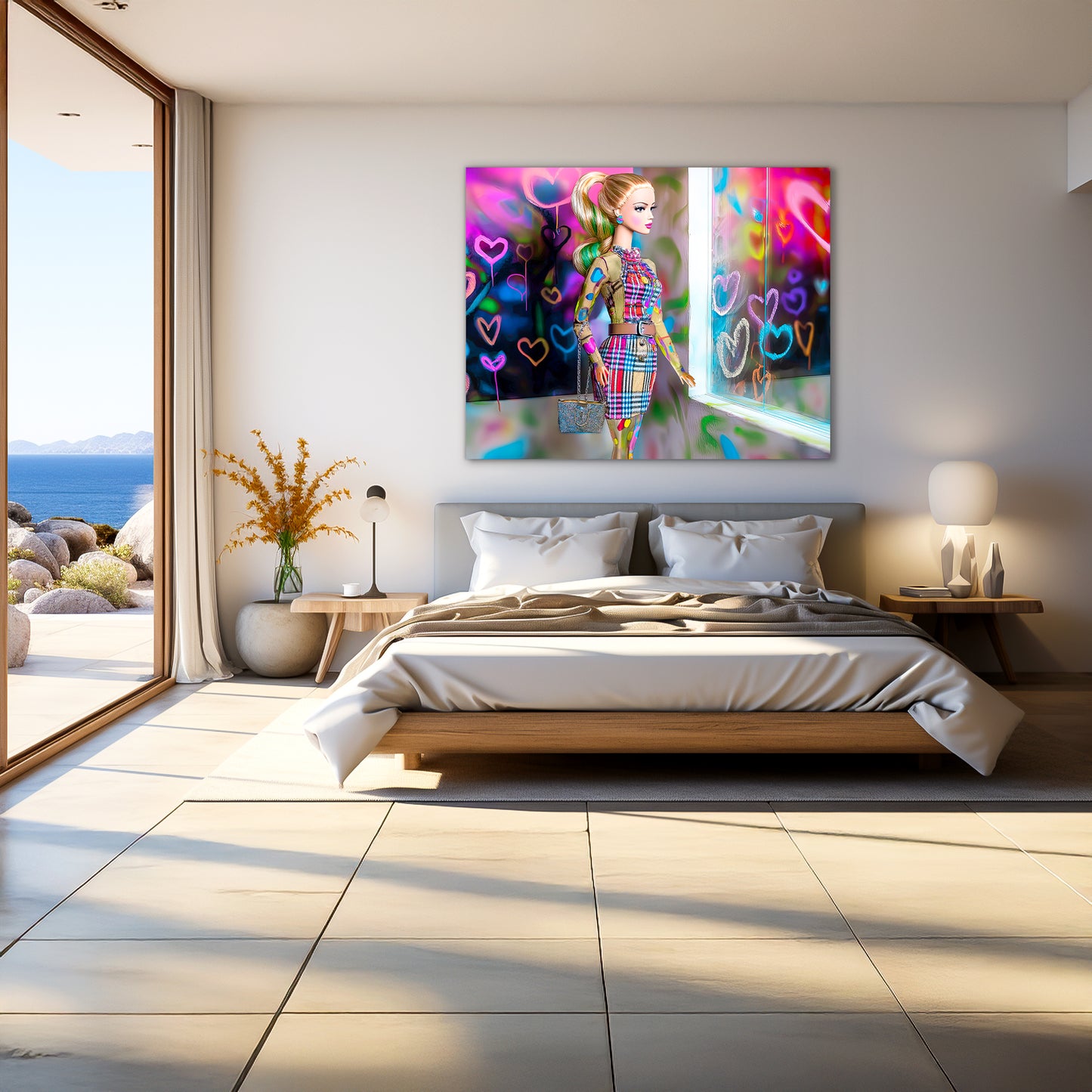 Bedroom wall art mockup of Barbie doll in a plaid outfit with a designer handbag, standing beside heart-covered graffiti window. Plaid Heart Doll-Graphique Addictions.