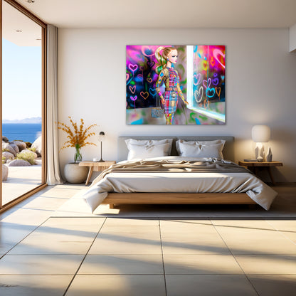 Bedroom wall art mockup of Barbie doll in a plaid outfit with a designer handbag, standing beside heart-covered graffiti window. Plaid Heart Doll-Graphique Addictions.