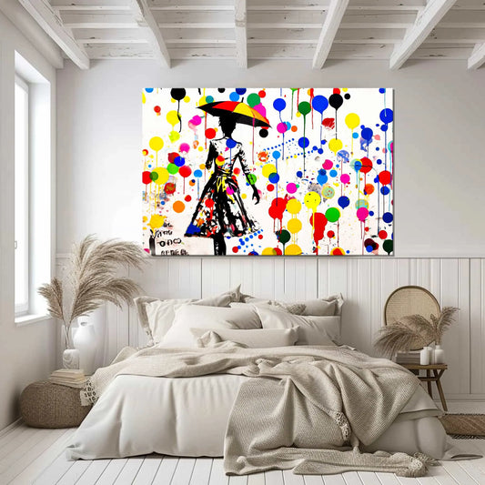 Bedroom wall decor of Elegant woman with umbrella amid colorful paint splashes, dots, and balloons on a white background. Polka Splash Soiree-Graphique Addictions