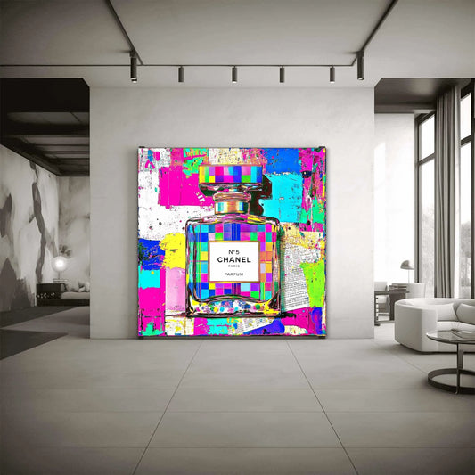 Living room wall mockup of Chanel No. 5 perfume bottle with colorful, neon abstract and graffiti paint splashes. Abstract Chanel No. 5-Graphique Addictions.