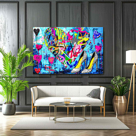 Foyer mockup of a large heart with colorful neon scribble graffiti and leopard print stilettos. Pop Splash Couture-Graphique Addictions.
