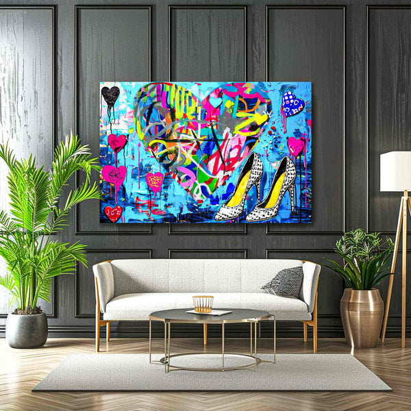 Foyer mockup of a large heart with colorful neon scribble graffiti and leopard print stilettos. Pop Splash Couture-Graphique Addictions.
