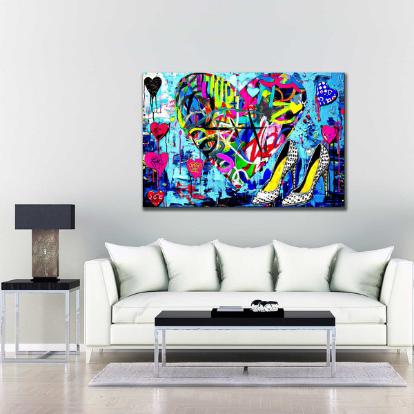 Living room wall mockup of a large heart with colorful neon scribble graffiti and leopard print stilettos. Pop Splash Couture-Graphique Addictions.