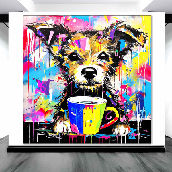 Art gallery display of a puppy holding a cup of coffee with colorful paint splatters. Puppuccino Picasso-Graphique Addictions.