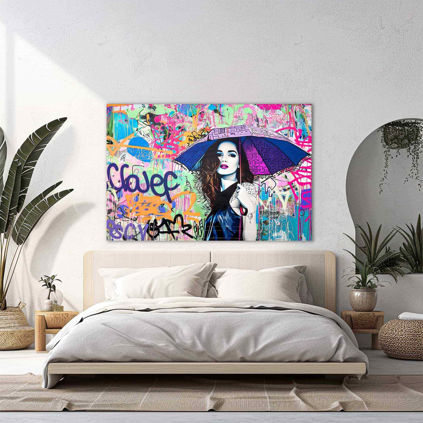 Bedroom wall decor of Brunette woman with long hair, holding a purple-blue colored umbrella with black graffiti accents. Rainbow Graffiti Tempest-Graphique Addictions