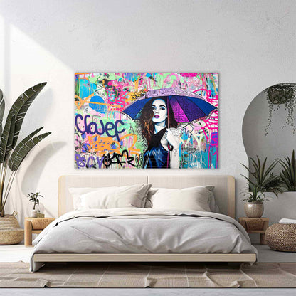 Bedroom wall decor of Brunette woman with long hair, holding a purple-blue colored umbrella with black graffiti accents. Rainbow Graffiti Tempest-Graphique Addictions