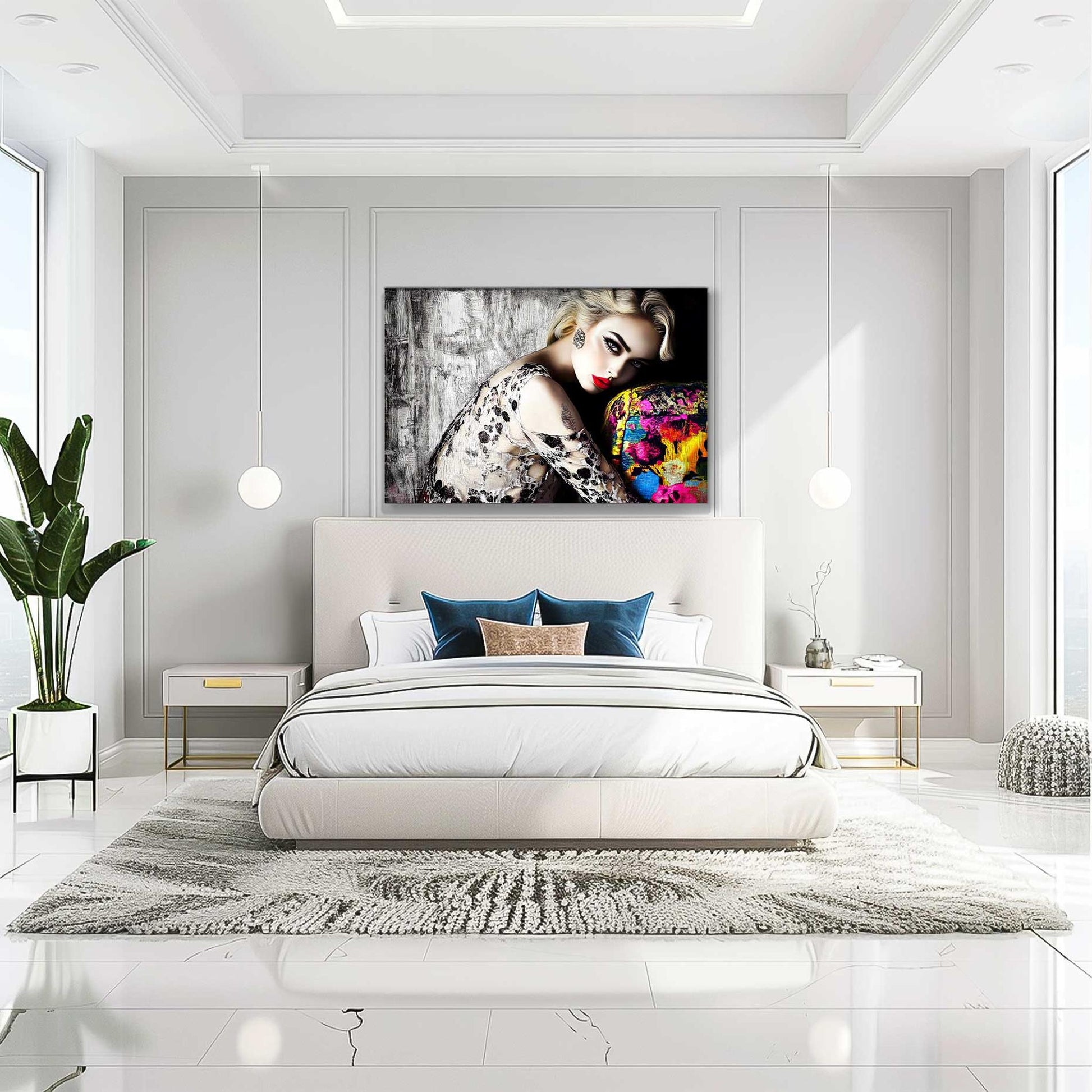 Bedroom mockup of blonde model with bold red lips, wearing a black-and-white lace dress, leaning against a colorful sofa with a textured black-and-white wall in the background. Red Lips and Lace-Graphique Addictions.