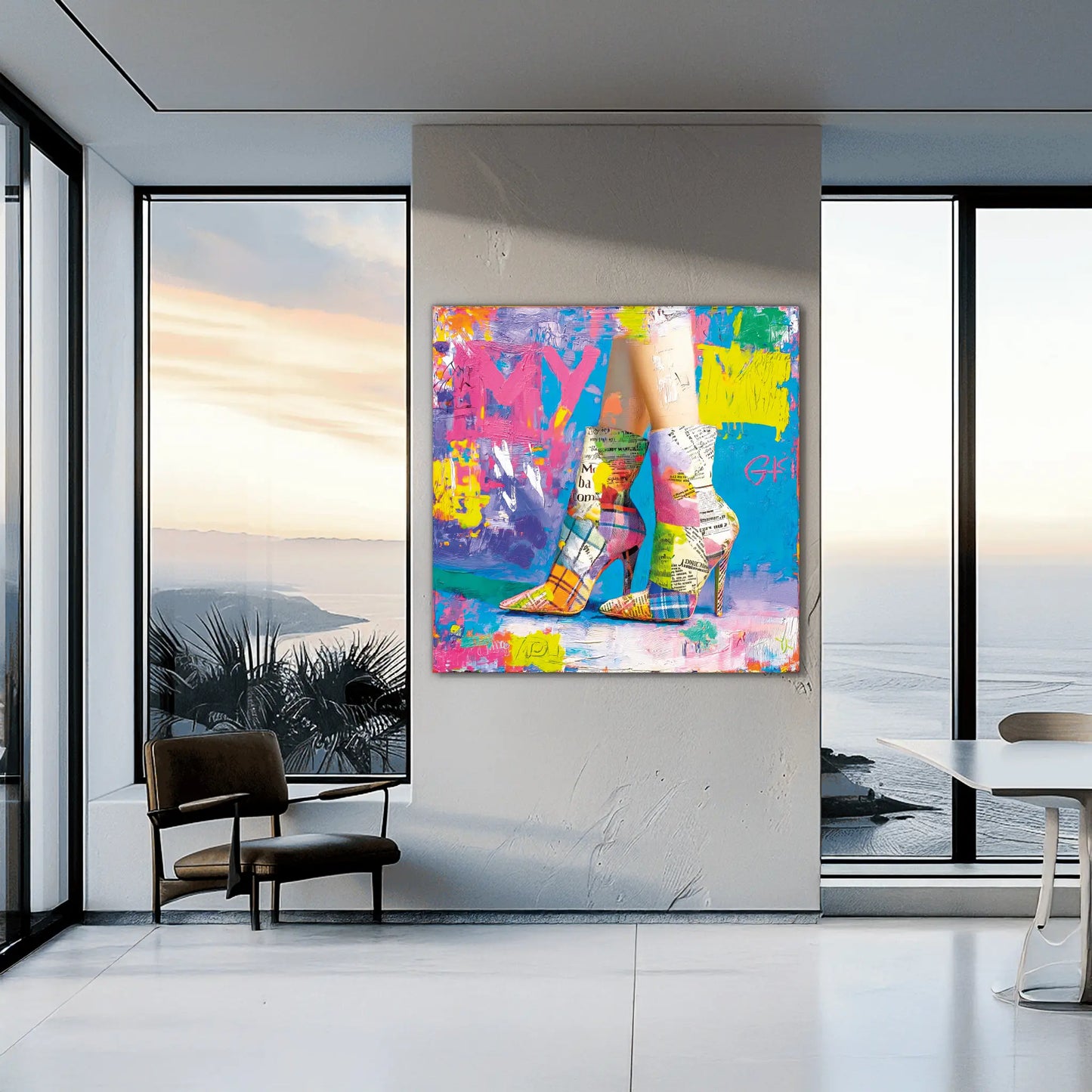 dining room mockup of plaid high heels painted in vivid neon tones against a newspaper-inspired background. Retro Neon Pop-Graphique Addictions