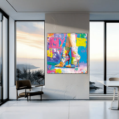 dining room mockup of plaid high heels painted in vivid neon tones against a newspaper-inspired background. Retro Neon Pop-Graphique Addictions