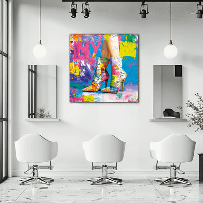 hair salon mockup of plaid high heels painted in vivid neon tones against a newspaper-inspired background. Retro Neon Pop-Graphique Addictions