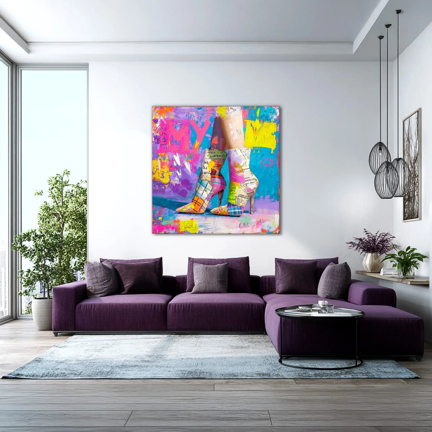 living room mockup of plaid high heels painted in vivid neon tones against a newspaper-inspired background. Retro Neon Pop-Graphique Addictions