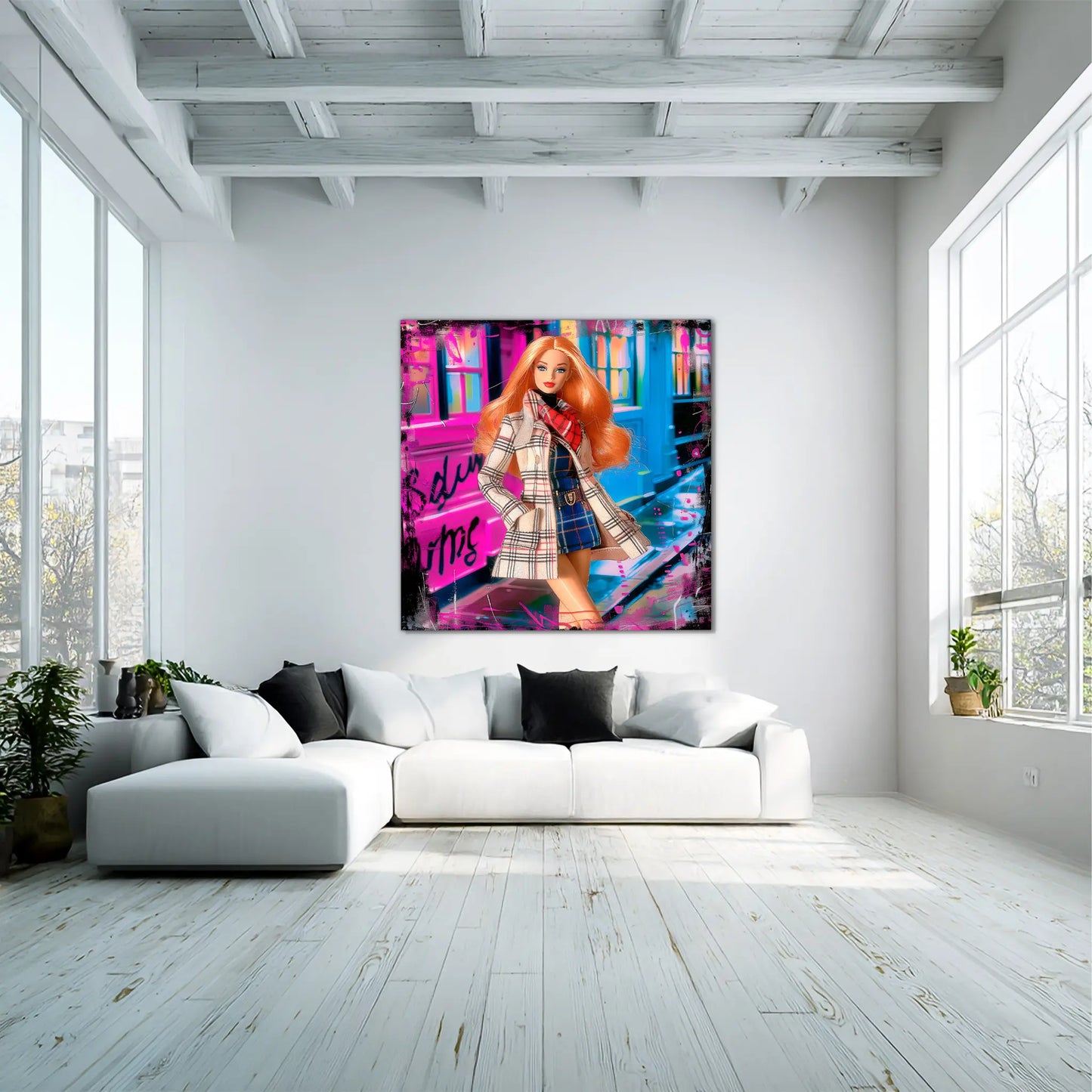 Barbie with long orange hair and wearing a plaid trench coat and dress, against graffiti textures. -Soho-Doll-Wall-Living-Room-Mockup, Graphique Addictions