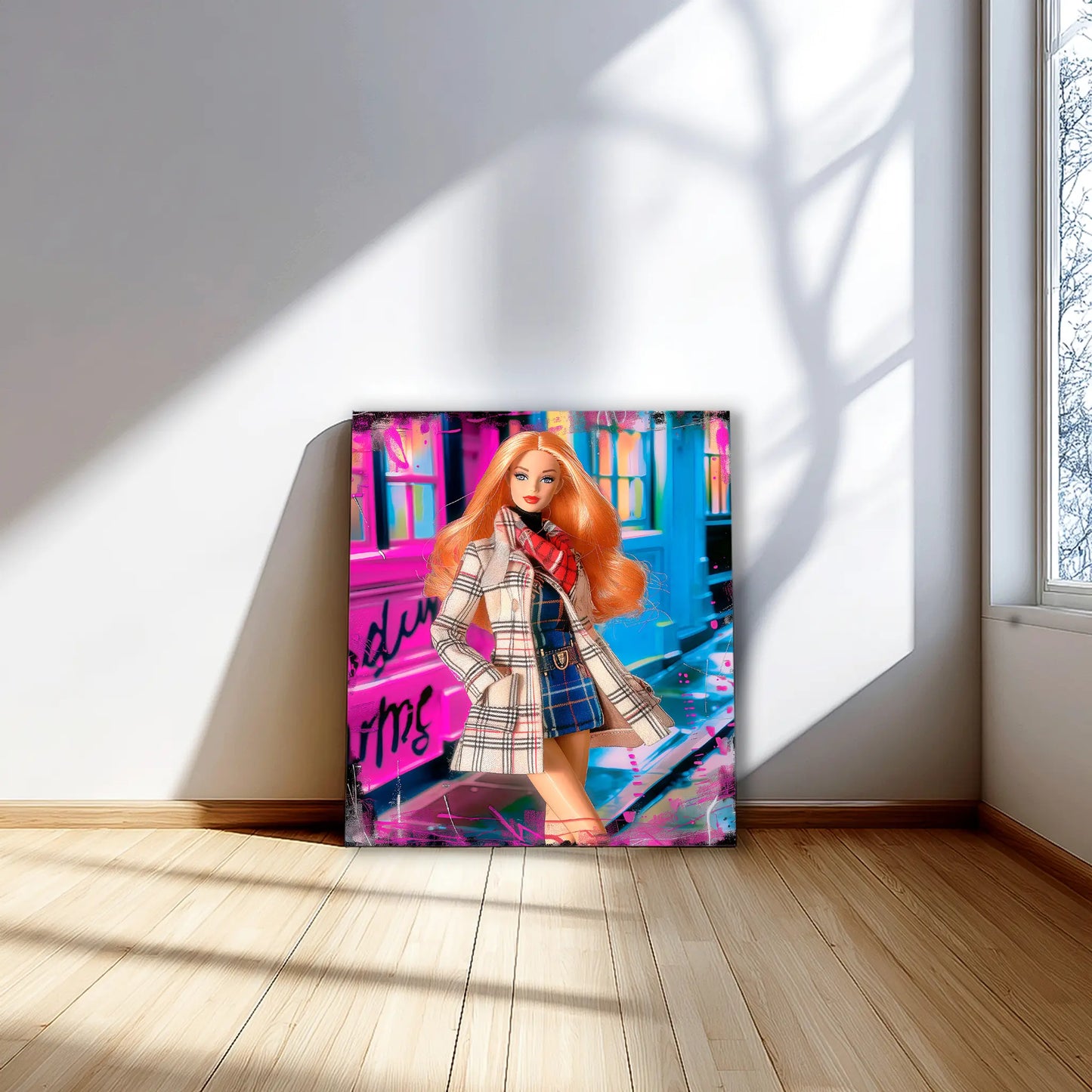 Barbie with long orange hair and wearing a plaid trench coat and dress, against graffiti textures. Soho-Doll-Wall-Mockup, Graphique Addictions