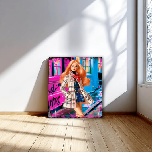 Barbie with long orange hair and wearing a plaid trench coat and dress, against graffiti textures. Soho-Doll-Wall-Mockup, Graphique Addictions