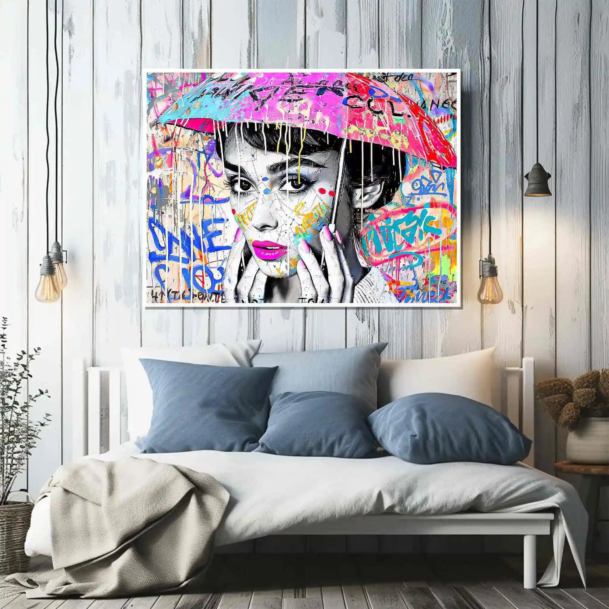 Den living room wall decor of Audrey Hepburn with an umbrella over her head with colorful graffiti and paint. Splash of Street Style-Graphique Addictions.