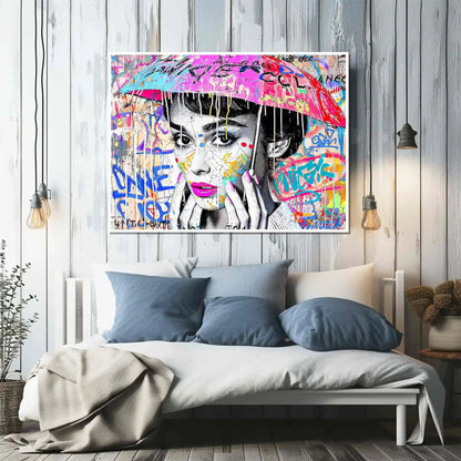 Den living room wall decor of Audrey Hepburn with an umbrella over her head with colorful graffiti and paint. Splash of Street Style-Graphique Addictions.