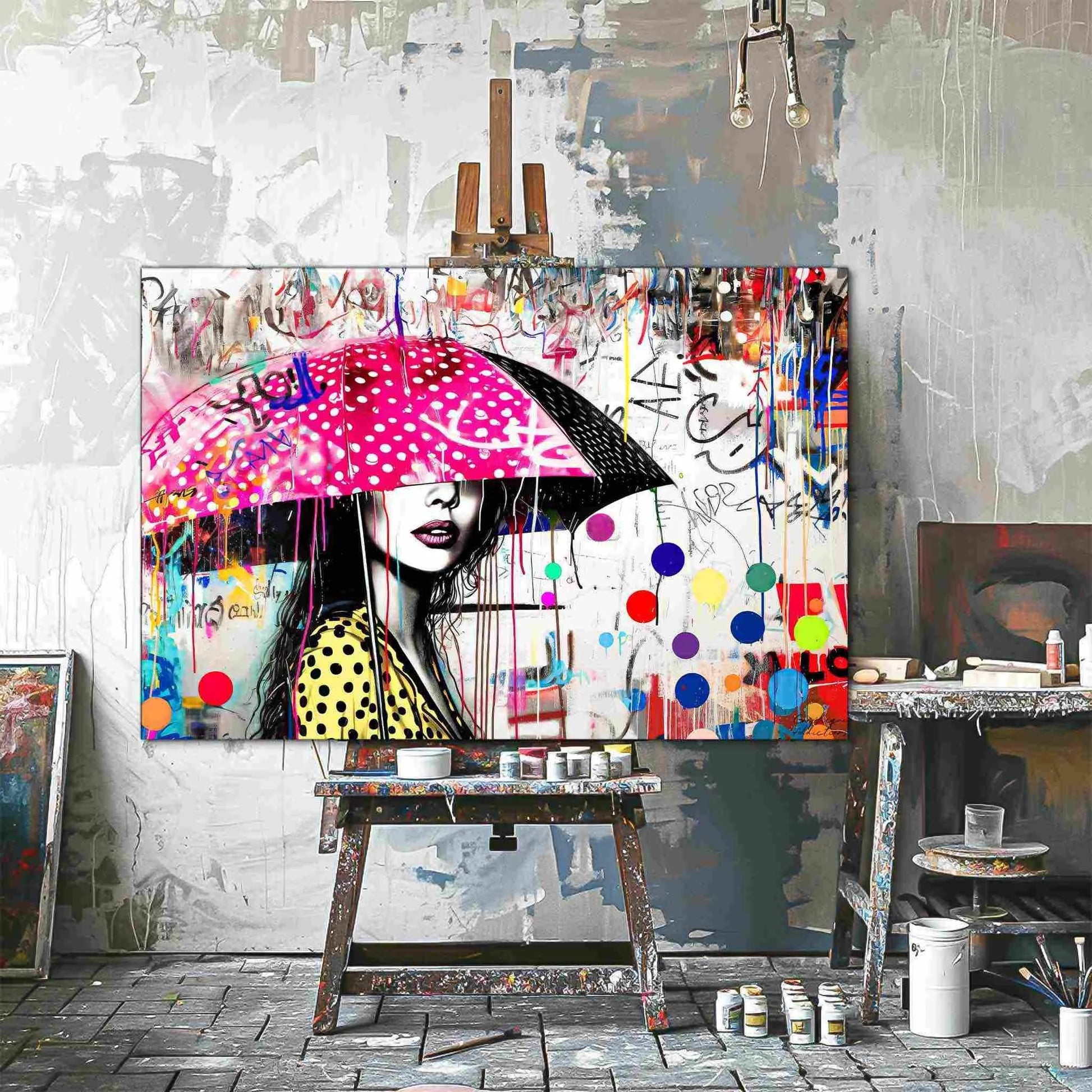 Art Studio mockup of woman holding a pink umbrella with white polka dots and colorful paint splashes. Street Art Storm-Graphique Addictions.
