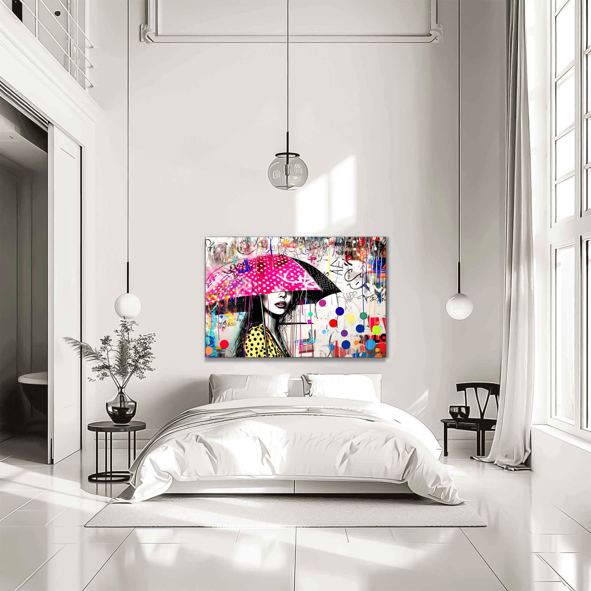 Bedroom wall mockup of woman holding a pink umbrella with white polka dots and colorful paint splashes. Street Art Storm-Graphique Addictions.