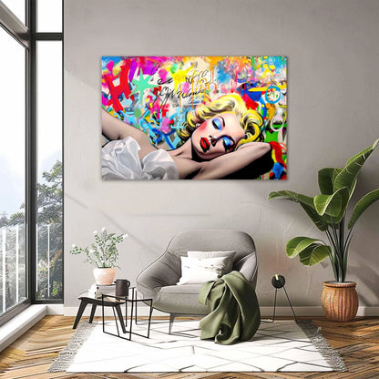 Foyer wall decor of a Blonde woman in a white dress lying down, with blue eyeshadow and red lipstick, against a vibrant graffiti wall. Street Style Serenade - Graphique Addictions