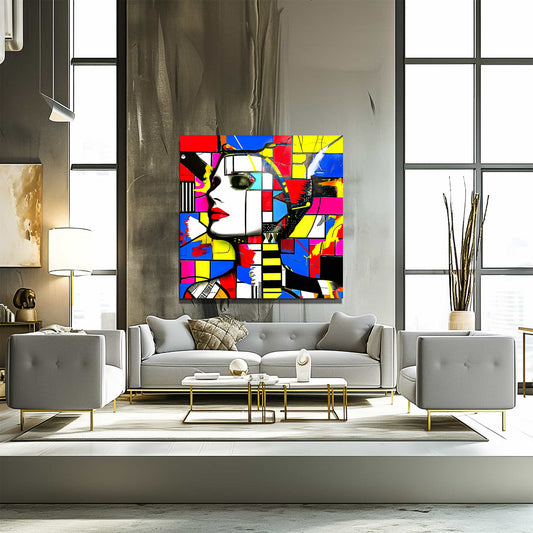 Living Room mockup of Face with bold geometric patterns in red, blue, yellow, and pink, evoking futuristic charm. Canvas Print-Technicolor Temptress - Canvas Print-Graphique Addictions